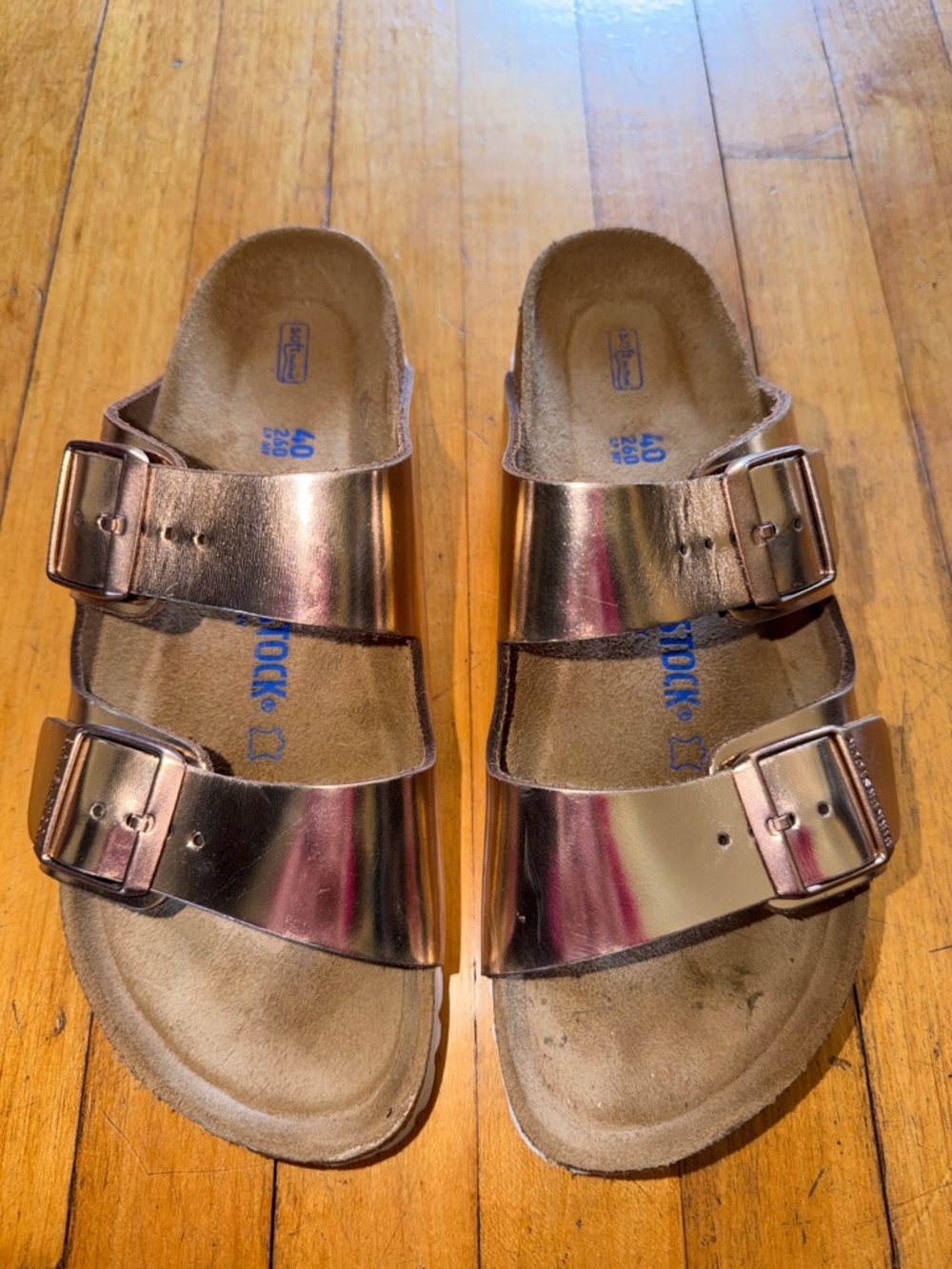 Birkenstock Arizona soft footbed Metallic Rose Gold Two-Strap Sandals 40 // 9